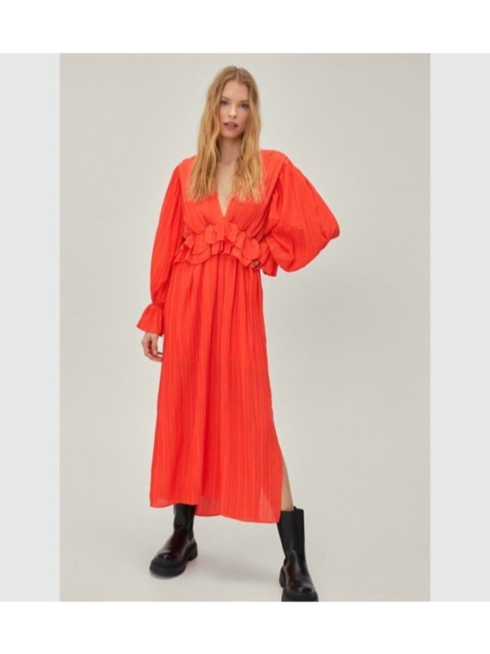 Nasty Gal Red-Orange Ruffle Plunging Pleated Midi Maxi Dress Size 4 Wedding